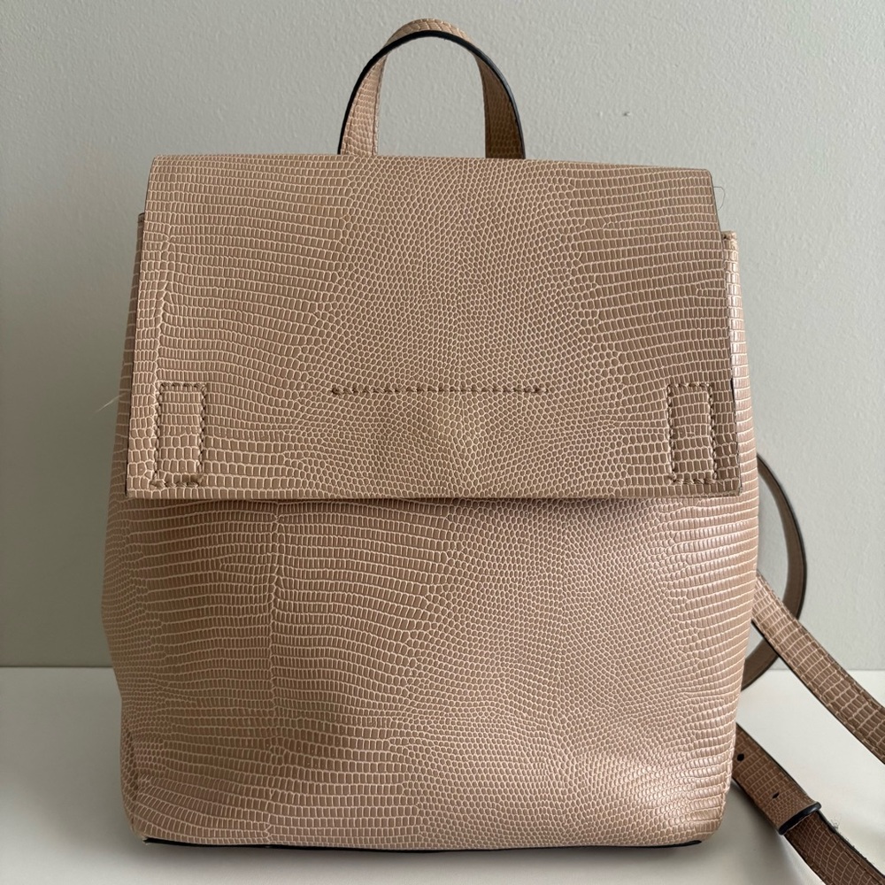 Taupe Lizard Embossed Backpack Purse Minimal Neutral